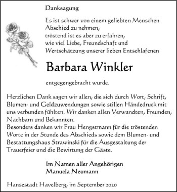 Traueranzeige von Barbara Winkler  von Magdeburger Volksstimme