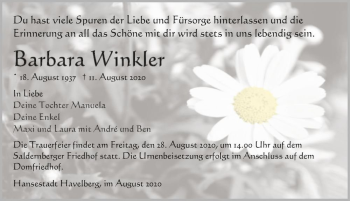 Traueranzeige von Barbara Winkler  von Magdeburger Volksstimme