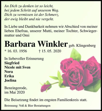 Traueranzeige von Barbara Winkler (geb. Klingenberg)  von Magdeburger Volksstimme
