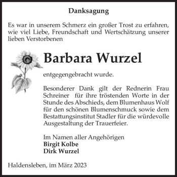Traueranzeige von Barbara Wurzel  von Magdeburger Volksstimme