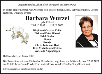 Traueranzeige von Barbara Wurzel (geb. Klötzel)  von Magdeburger Volksstimme
