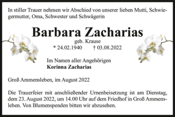 Traueranzeige von Barbara Zacharias (geb. Krause)  von Magdeburger Volksstimme
