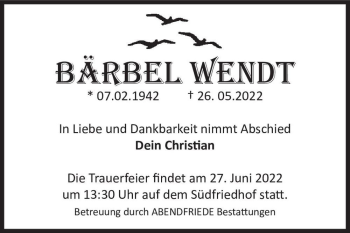 Traueranzeige von Barbel Wendt  von Magdeburger Volksstimme