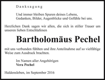 Traueranzeige von Bartholomäus Pechel  von Magdeburger Volksstimme