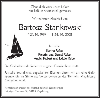 Traueranzeige von Bartosz Stankowski  von Magdeburger Volksstimme