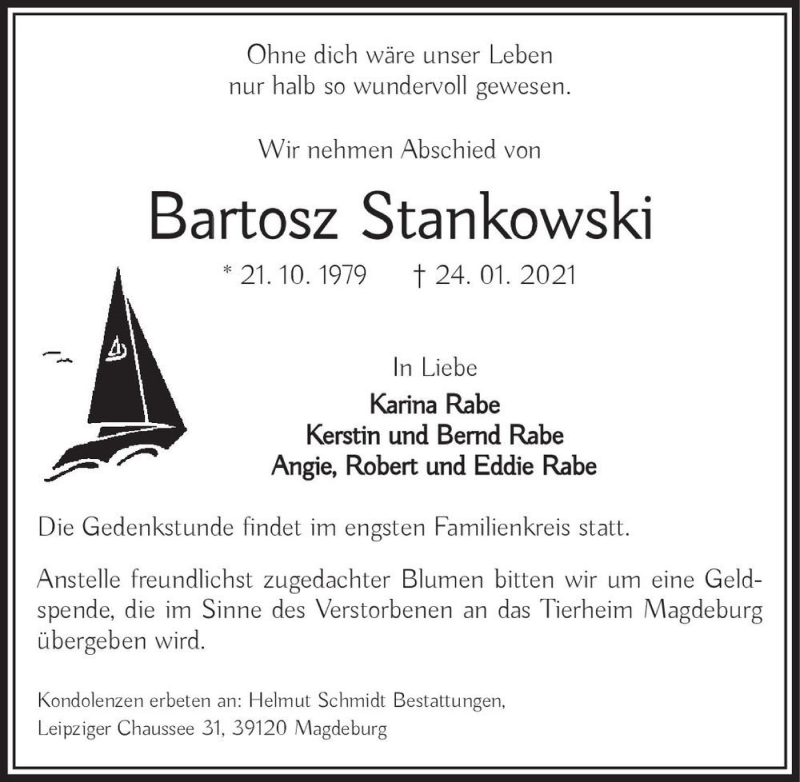 Traueranzeige für Bartosz Stankowski  vom 30.01.2021 aus Magdeburger Volksstimme