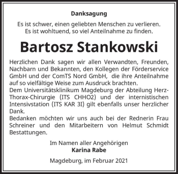 Traueranzeige von Bartosz Stankowski  von Magdeburger Volksstimme