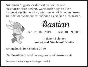 Traueranzeige von Bastian  von Magdeburger Volksstimme