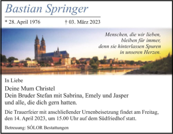 Traueranzeige von Bastian Springer  von Magdeburger Volksstimme
