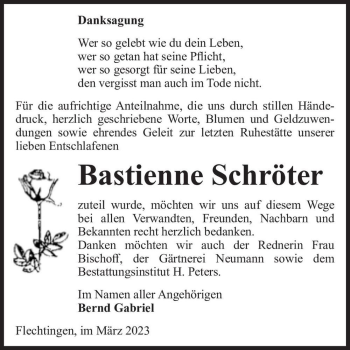 Traueranzeige von Bastienne Schröter  von Magdeburger Volksstimme