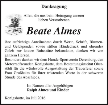 Traueranzeige von Beate Almes  von Magdeburger Volksstimme