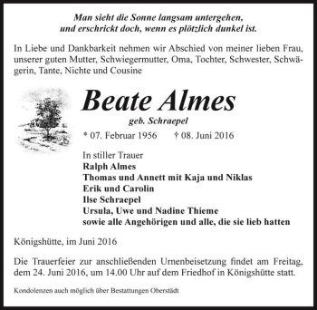 Traueranzeige von Beate Almes (geb. Schraepel)  von Magdeburger Volksstimme