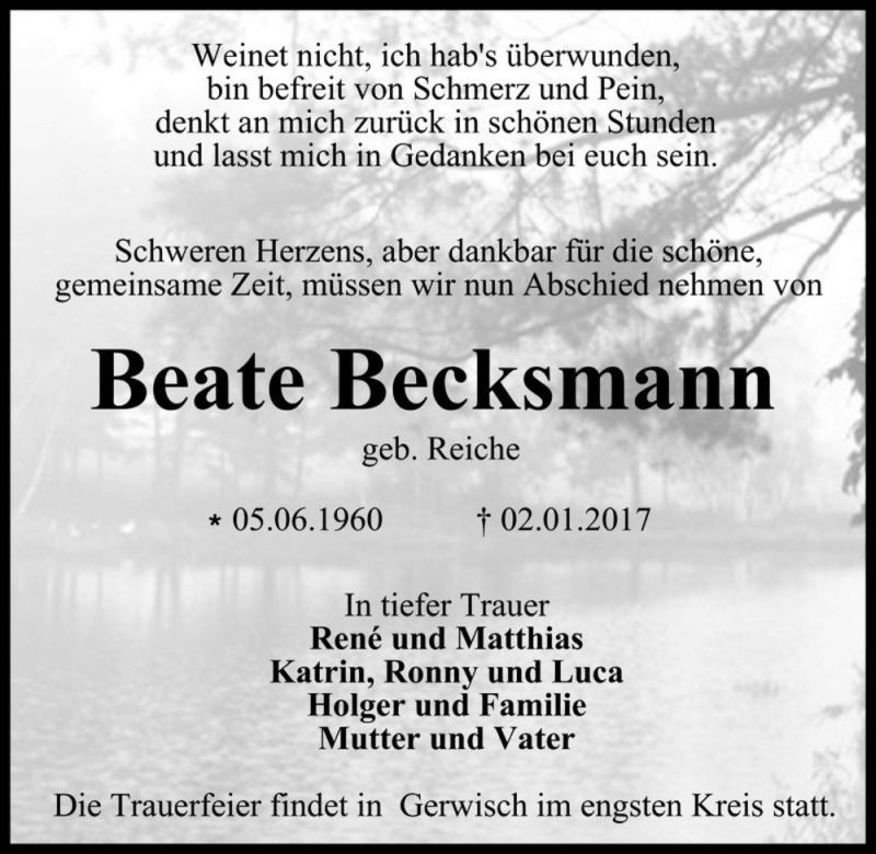  Traueranzeige für Beate Becksmann (geb. Reiche)  vom 14.01.2017 aus Magdeburger Volksstimme