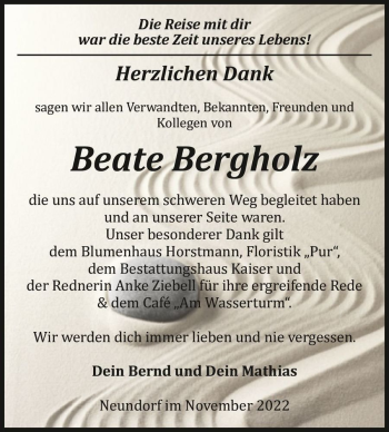 Traueranzeige von Beate Bergholz  von Magdeburger Volksstimme