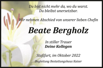 Traueranzeige von Beate Bergholz  von Magdeburger Volksstimme