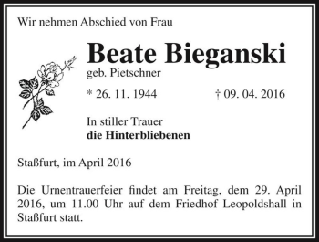 Traueranzeige von Beate Biegansk (geb. Pietschner)  von Magdeburger Volksstimme