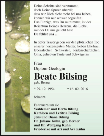 Traueranzeige von Beate Bilsing (geb. Berner)  von Magdeburger Volksstimme