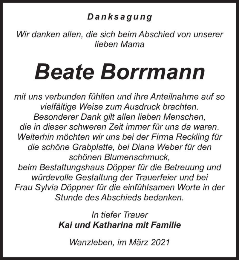  Traueranzeige für Beate Borrmann  vom 20.03.2021 aus Magdeburger Volksstimme