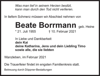 Traueranzeige von Beate Borrmann (geb. Heine)  von Magdeburger Volksstimme