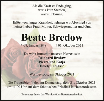 Traueranzeige von Beate Bredow  von Magdeburger Volksstimme