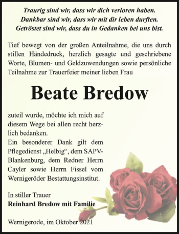 Traueranzeige von Beate Bredow  von Magdeburger Volksstimme