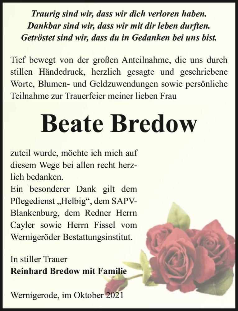  Traueranzeige für Beate Bredow  vom 29.10.2021 aus Magdeburger Volksstimme