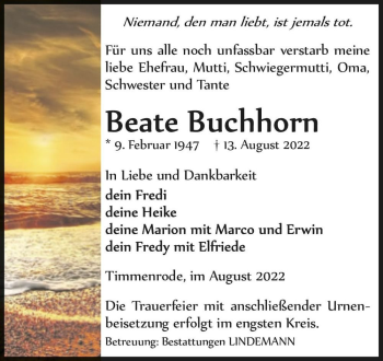Traueranzeige von Beate Buchhorn  von Magdeburger Volksstimme