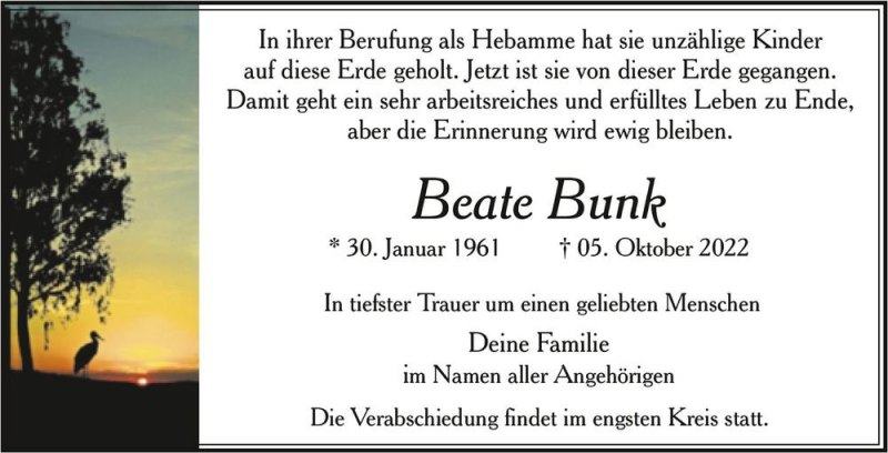  Traueranzeige für Beate Bunk  vom 15.10.2022 aus Magdeburger Volksstimme