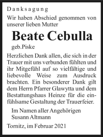 Traueranzeige von Beate Cebulla (geb. Piske)  von Magdeburger Volksstimme
