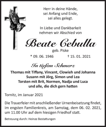 Traueranzeige von Beate Cebulla (geb. Piske)  von Magdeburger Volksstimme