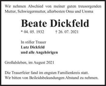 Traueranzeige von Beate Dickfeld  von Magdeburger Volksstimme