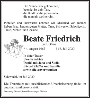 Traueranzeige von Beate Friedrich (geb. Göhrs)  von Magdeburger Volksstimme