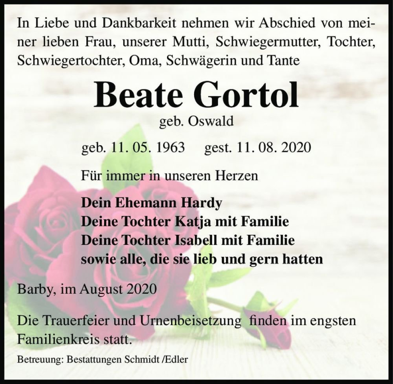  Traueranzeige für Beate Gortol (geb. Oswald)  vom 15.08.2020 aus Magdeburger Volksstimme