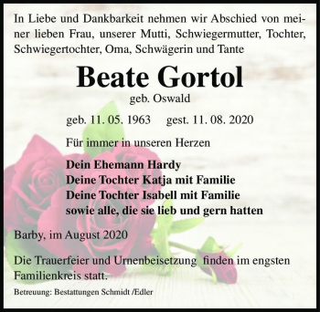 Traueranzeige von Beate Gortol (geb. Oswald)  von Magdeburger Volksstimme