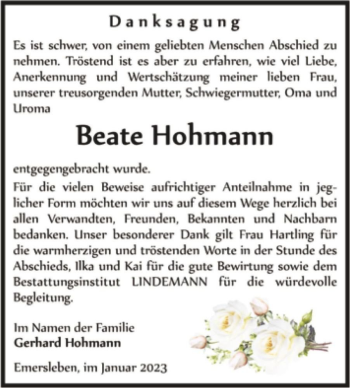 Traueranzeige von Beate Hohmann  von Magdeburger Volksstimme