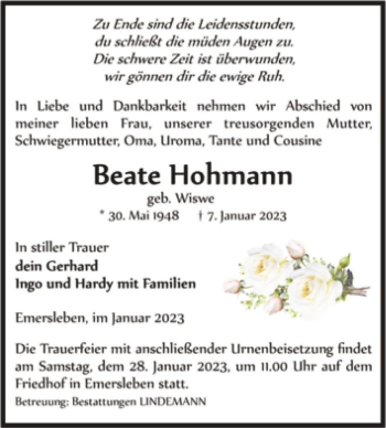 Traueranzeige von Beate Hohmann (geb. Wiswe)  von Magdeburger Volksstimme