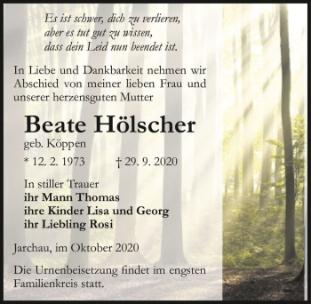 Traueranzeige von Beate Hölscher (geb. Köppen)  von Magdeburger Volksstimme
