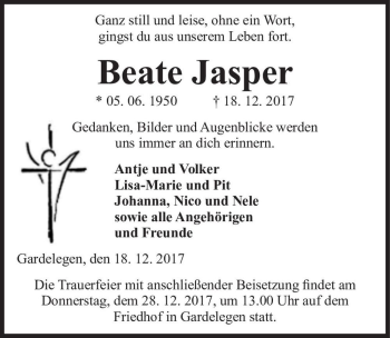 Traueranzeige von Beate Jasper  von Magdeburger Volksstimme