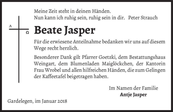 Traueranzeige von Beate Jasper  von Magdeburger Volksstimme