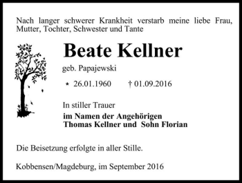 Traueranzeige von Beate Kellner (geb. Papajewski)  von Magdeburger Volksstimme