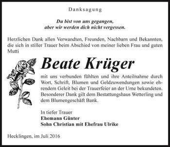 Traueranzeige von Beate Krüger  von Magdeburger Volksstimme