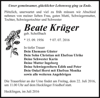Traueranzeige von Beate Krüger (geb. Schollbach)  von Magdeburger Volksstimme