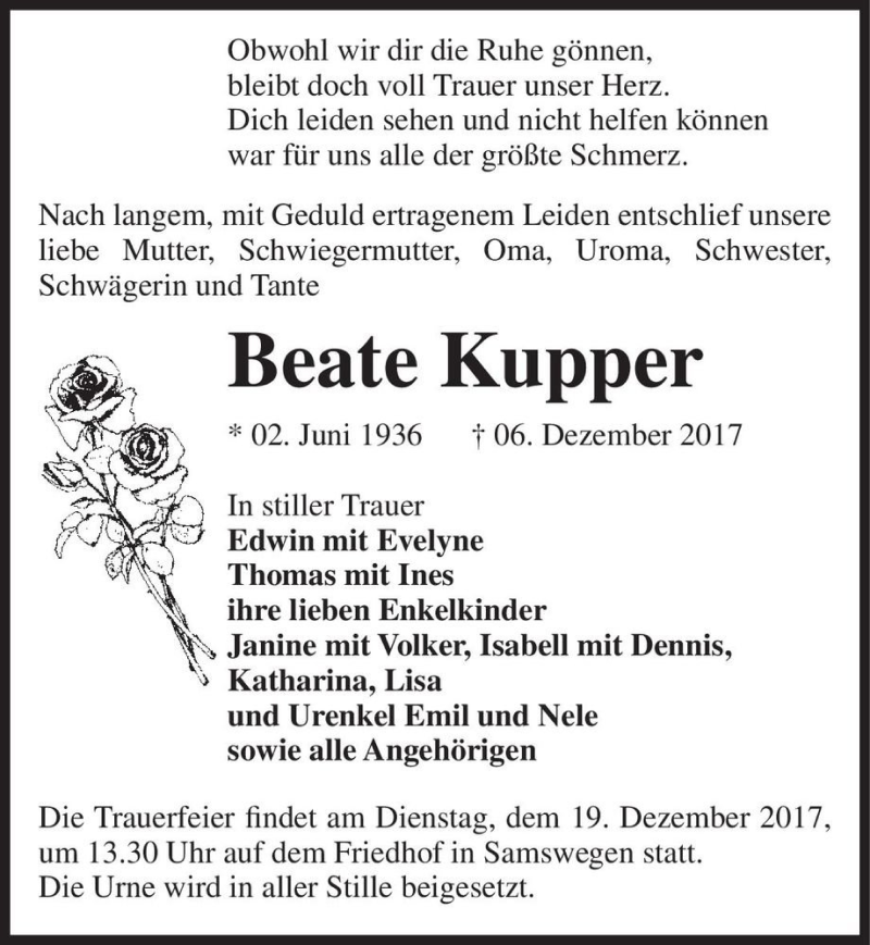  Traueranzeige für Beate Kupper  vom 13.12.2017 aus Magdeburger Volksstimme