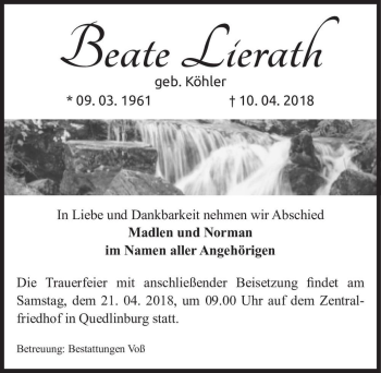 Traueranzeige von Beate Lierath (geb. Köhler)  von Magdeburger Volksstimme
