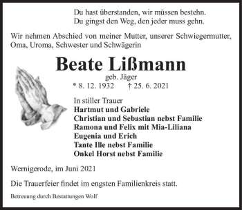 Traueranzeige von Beate Lißmann (geb. Jäger)  von Magdeburger Volksstimme
