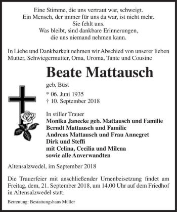Traueranzeige von Beate Mattausch (geb. Büst)  von Magdeburger Volksstimme