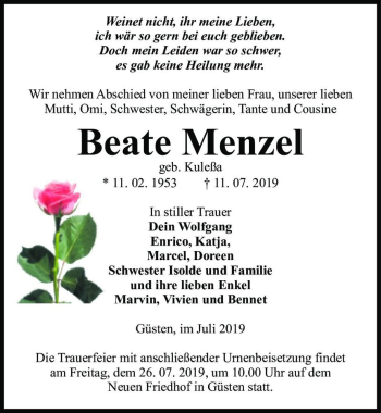 Traueranzeige von Beate Menzel (geb. Kuleßa)  von Magdeburger Volksstimme