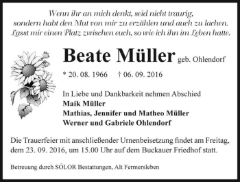 Traueranzeige von Beate Müller (geb. Ohlendorf)  von Magdeburger Volksstimme