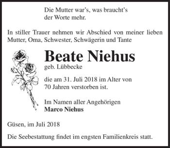 Traueranzeige von Beate Niehus (geb. Lübbecke)  von Magdeburger Volksstimme