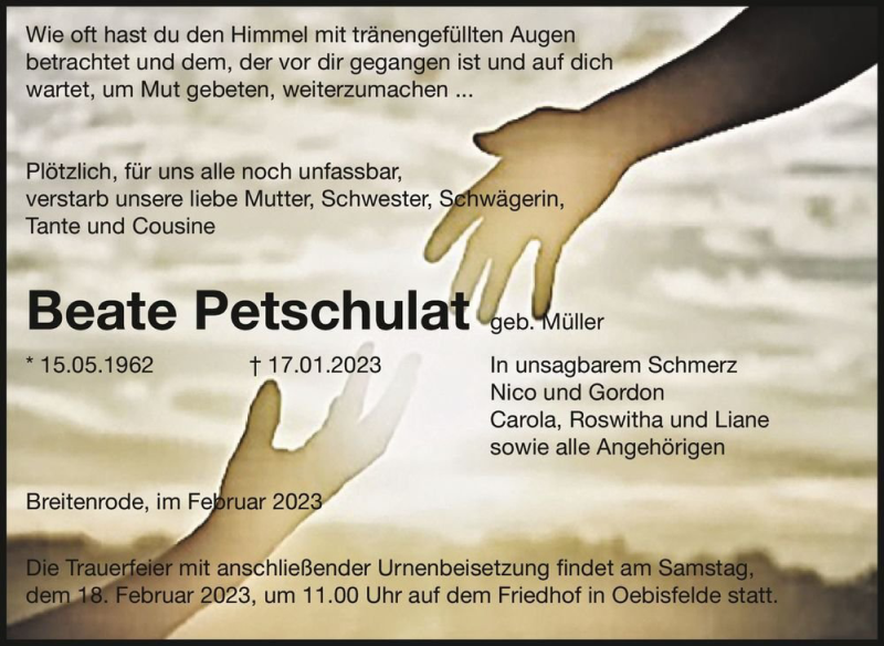  Traueranzeige für Beate Petschulat (geb. Müller)  vom 04.02.2023 aus Magdeburger Volksstimme